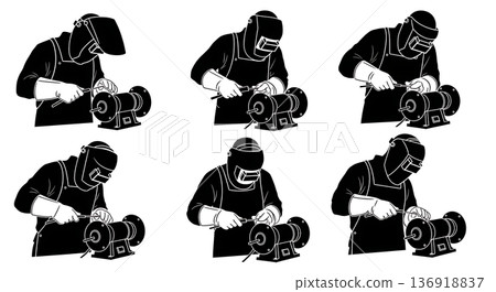 Black Solid Welder Sharpening Tungsten Silhouettes Set of Six on White Background 136918837