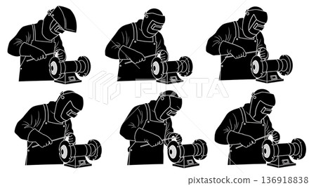 Black Solid Welder Sharpening Tungsten Silhouettes Set of Six on White Background 136918838