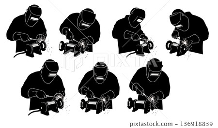 Black Solid Welder Sharpening Tungsten Silhouettes Set of Six on White Background 136918839