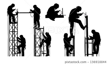 Black Solid Welder Safety Curtain Silhouettes Set of Six on White Background 136918844