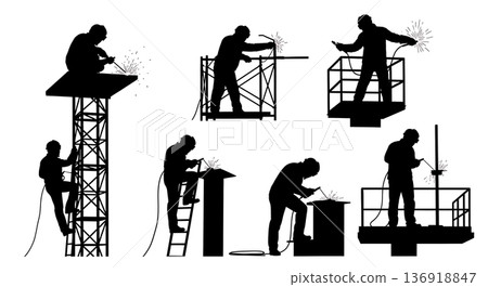 Black Solid Welder Safety Curtain Silhouettes Set of Six on White Background 136918847