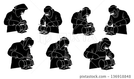 Black Solid Welder Sharpening Tungsten Silhouettes Set of Six on White Background 136918848