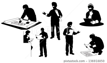Black Solid Welder Reviewing Blueprints Silhouettes Set of Six on White Background 136918850