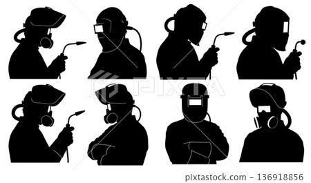 Black Solid Welder PAPR Helmet Silhouettes Set of Six on White Background Black Solid Welder PAPR Helmet Silhouettes Set of Six on White Background 136918856