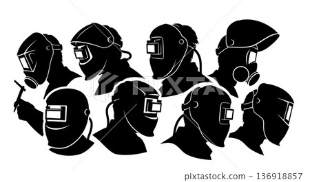 Black Solid Welder PAPR Helmet Silhouettes Set of Six on White Background Black Solid Welder PAPR Helmet Silhouettes Set of Six on White Background 136918857