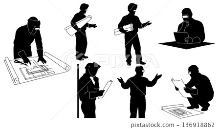 Black Solid Welder Reviewing Blueprints Silhouettes Set of Six on White Background Black Solid Welder Reviewing Blueprints Silhouettes Set of Six on White Background 136918862