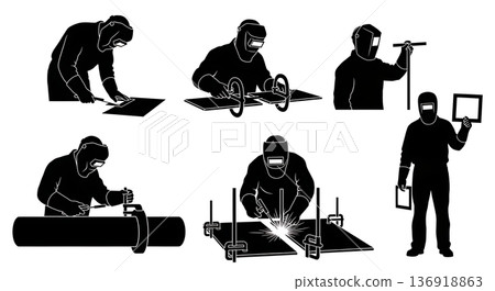 Black Solid Welder Magnetic Clamp Layout Silhouettes Set of Six on White Background 136918863