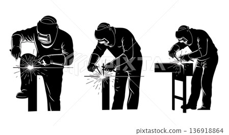 Black Solid Welder Magnetic Clamp Layout Silhouettes Set of Six on White Background 136918864