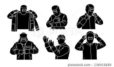 Black Solid Welder Dressing Protective Gear Silhouettes Set of Six on White Background Black Solid Welder Dressing Protective Gear Silhouettes Set of Six on White Background 136918889