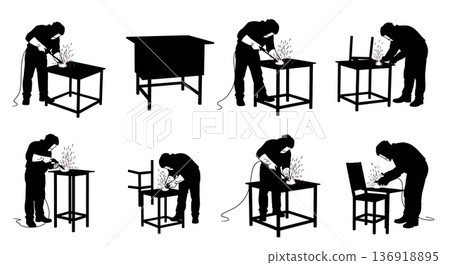 Black Solid Welder Magnetic Clamp Layout Silhouettes Set of Six on White Background Black Solid Welder Magnetic Clamp Layout Silhouettes Set of Six on White Background 136918895