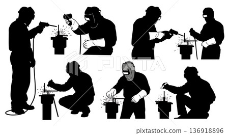 Black Solid Welder Checking Temperature Silhouettes Set of Six on White Background 136918896