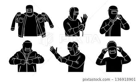 Black Solid Welder Dressing Protective Gear Silhouettes Set of Six on White Background 136918901