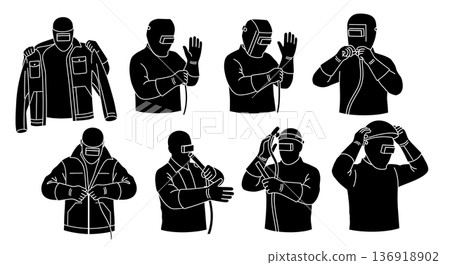Black Solid Welder Dressing Protective Gear Silhouettes Set of Six on White Background 136918902