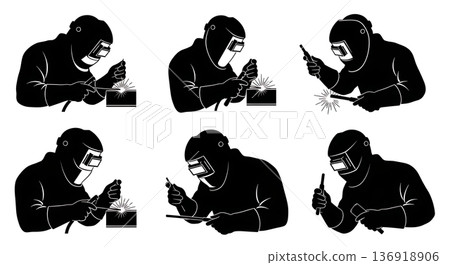 Black Solid Welder Cheater Lens Silhouettes Set of Six on White Background Black Solid Welder Cheater Lens Silhouettes Set of Six on White Background 136918906
