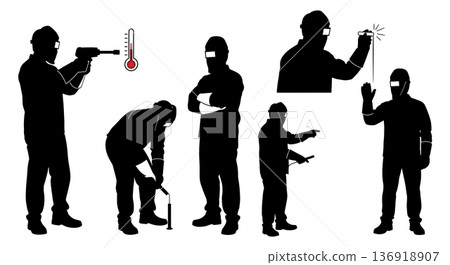 Black Solid Welder Checking Temperature Silhouettes Set of Six on White Background Black Solid Welder Checking Temperature Silhouettes Set of Six on White Background 136918907