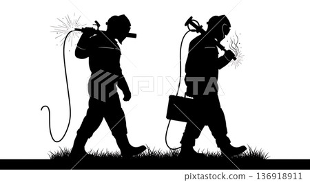 Black Solid Welder Carrying Equipment Silhouettes Set of Six on White Background Black Solid Welder Carrying Equipment Silhouettes Set of Six on White Background 136918911