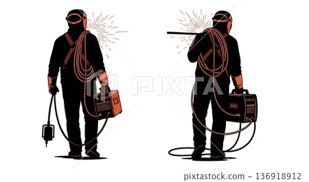 Black Solid Welder Carrying Equipment Silhouettes Set of Six on White Background 136918912