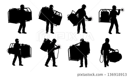 Black Solid Welder Carrying Equipment Silhouettes Set of Six on White Background 136918913