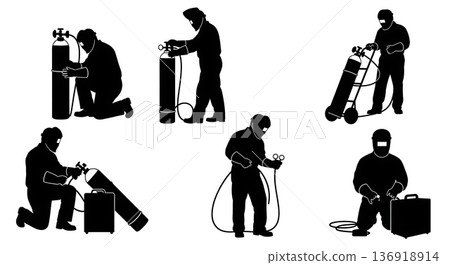 Black Solid Welder Changing Gas Tank Silhouettes Set of Six on White Background Black Solid Welder Changing Gas Tank Silhouettes Set of Six on White Background 136918914
