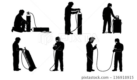 Black Solid Welder Changing Gas Tank Silhouettes Set of Six on White Background Black Solid Welder Changing Gas Tank Silhouettes Set of Six on White Background 136918915