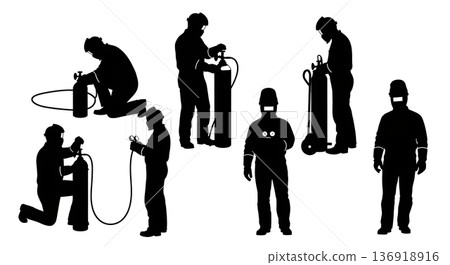 Black Solid Welder Changing Gas Tank Silhouettes Set of Six on White Background Black Solid Welder Changing Gas Tank Silhouettes Set of Six on White Background 136918916