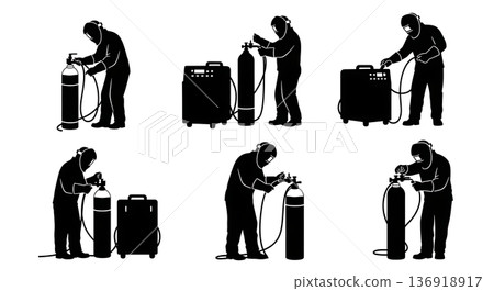 Black Solid Welder Changing Gas Tank Silhouettes Set of Six on White Background Black Solid Welder Changing Gas Tank Silhouettes Set of Six on White Background 136918917