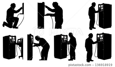 Black Solid Welder Adjusting Machine Silhouettes Set of Six on White Background Black Solid Welder Adjusting Machine Silhouettes Set of Six on White Background 136918919