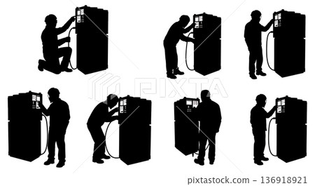 Black Solid Welder Adjusting Machine Silhouettes Set of Six on White Background Black Solid Welder Adjusting Machine Silhouettes Set of Six on White Background 136918921