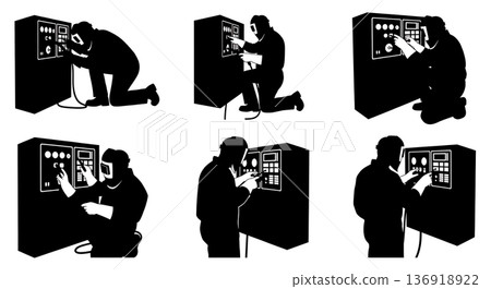 Black Solid Welder Adjusting Machine Silhouettes Set of Six on White Background Black Solid Welder Adjusting Machine Silhouettes Set of Six on White Background 136918922
