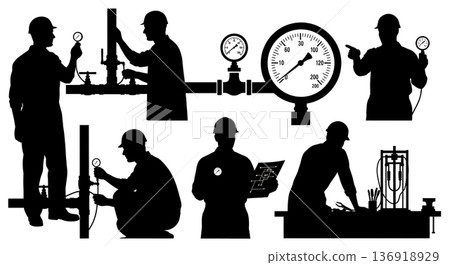Black Solid Water Engineer Gauge Silhouettes Set of Six on White Background 136918929