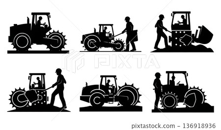 Black Solid Waste Compactor Landfill Silhouettes Set of Six on White Background 136918936