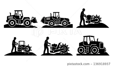 Black Solid Waste Compactor Landfill Silhouettes Set of Six on White Background 136918937