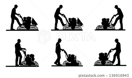 Black Solid Walk-behind Power Trowel Silhouettes Set of Six on White Background Black Solid Walk-behind Power Trowel Silhouettes Set of Six on White Background 136918943