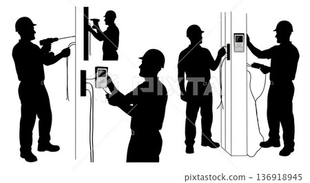 Black Solid Video Doorbell Install Silhouettes Set of Six on White Background Black Solid Video Doorbell Install Silhouettes Set of Six on White Background 136918945
