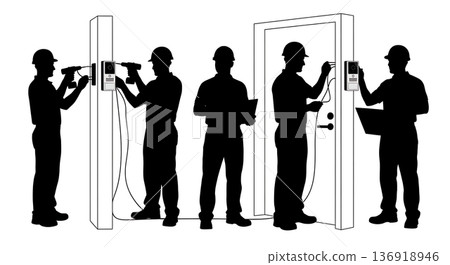Black Solid Video Doorbell Install Silhouettes Set of Six on White Background Black Solid Video Doorbell Install Silhouettes Set of Six on White Background 136918946