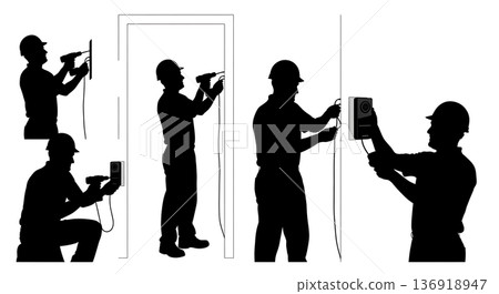 Black Solid Video Doorbell Install Silhouettes Set of Six on White Background Black Solid Video Doorbell Install Silhouettes Set of Six on White Background 136918947