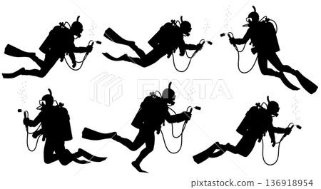 Black Solid Underwater Welder Diver Silhouettes Set of Six on White Background 136918954