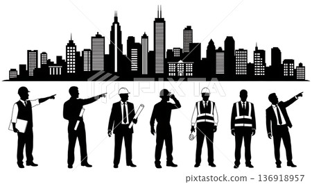 Black Solid Urban Planner Engineer Silhouettes Set of Six on White Background Black Solid Urban Planner Engineer Silhouettes Set of Six on White Background 136918957