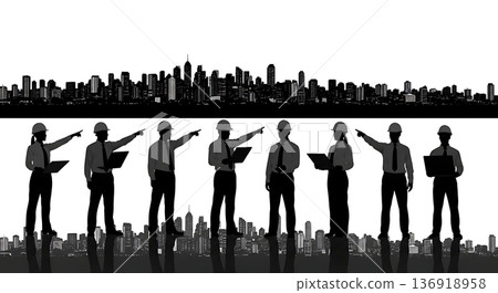 Black Solid Urban Planner Engineer Silhouettes Set of Six on White Background Black Solid Urban Planner Engineer Silhouettes Set of Six on White Background 136918958