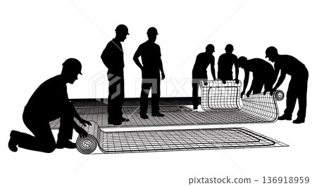 Black Solid Underfloor Heating Silhouettes Set of Six on White Background 136918959