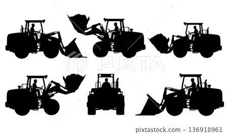 Black Solid Underground Mining Loader Silhouettes Set of Six on White Background Black Solid Underground Mining Loader Silhouettes Set of Six on White Background 136918961