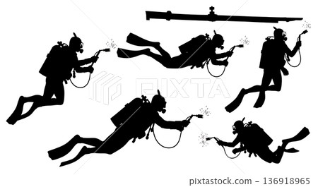 Black Solid Underwater Welder Diver Silhouettes Set of Six on White Background Black Solid Underwater Welder Diver Silhouettes Set of Six on White Background 136918965