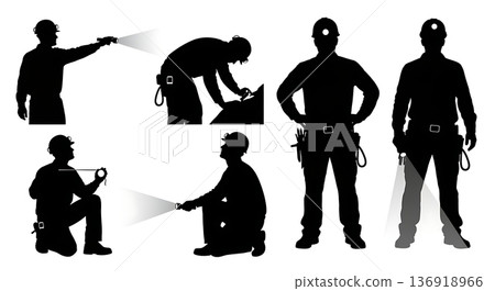 Black Solid Tunnel Engineer Silhouettes Set of Six on White Background Black Solid Tunnel Engineer Silhouettes Set of Six on White Background 136918966