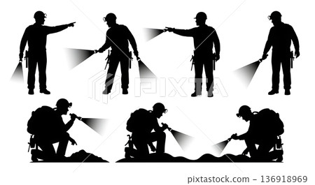Black Solid Tunnel Engineer Silhouettes Set of Six on White Background 136918969