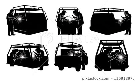 Black Solid Truck Headache Rack Welder Silhouettes Set of Six on White Background Black Solid Truck Headache Rack Welder Silhouettes Set of Six on White Background 136918973