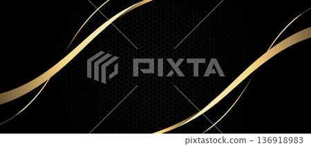 Abstract golden ribbon wave curve on black hexagon mesh design modern futuristic luxury background vector Abstract golden ribbon wave curve on black hexagon mesh design modern futuristic luxury background vector 136918983