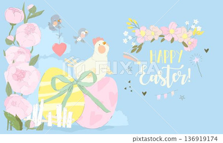 Cute White Hen sitting on Easter Eggs 136919174