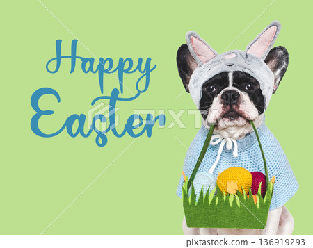 Happy Easter. Cute dog and greeting text Happy Easter. Cute dog and greeting text 136919293