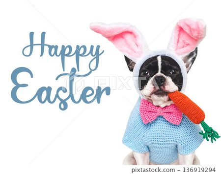 Happy Easter. Cute dog and greeting text Happy Easter. Cute dog and greeting text 136919294