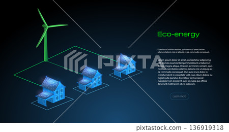Energy generation concept showing wind turbine and houses with solar panels in a digital design with dark background Energy generation concept showing wind turbine and houses with solar panels in a digital design with dark background 136919318
